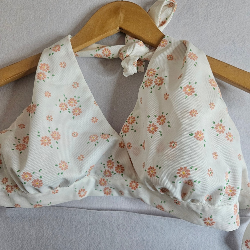 Vtg Floral Halter Bikini Top White Peach Daisy Print Retro 70s Swimwear 12-14